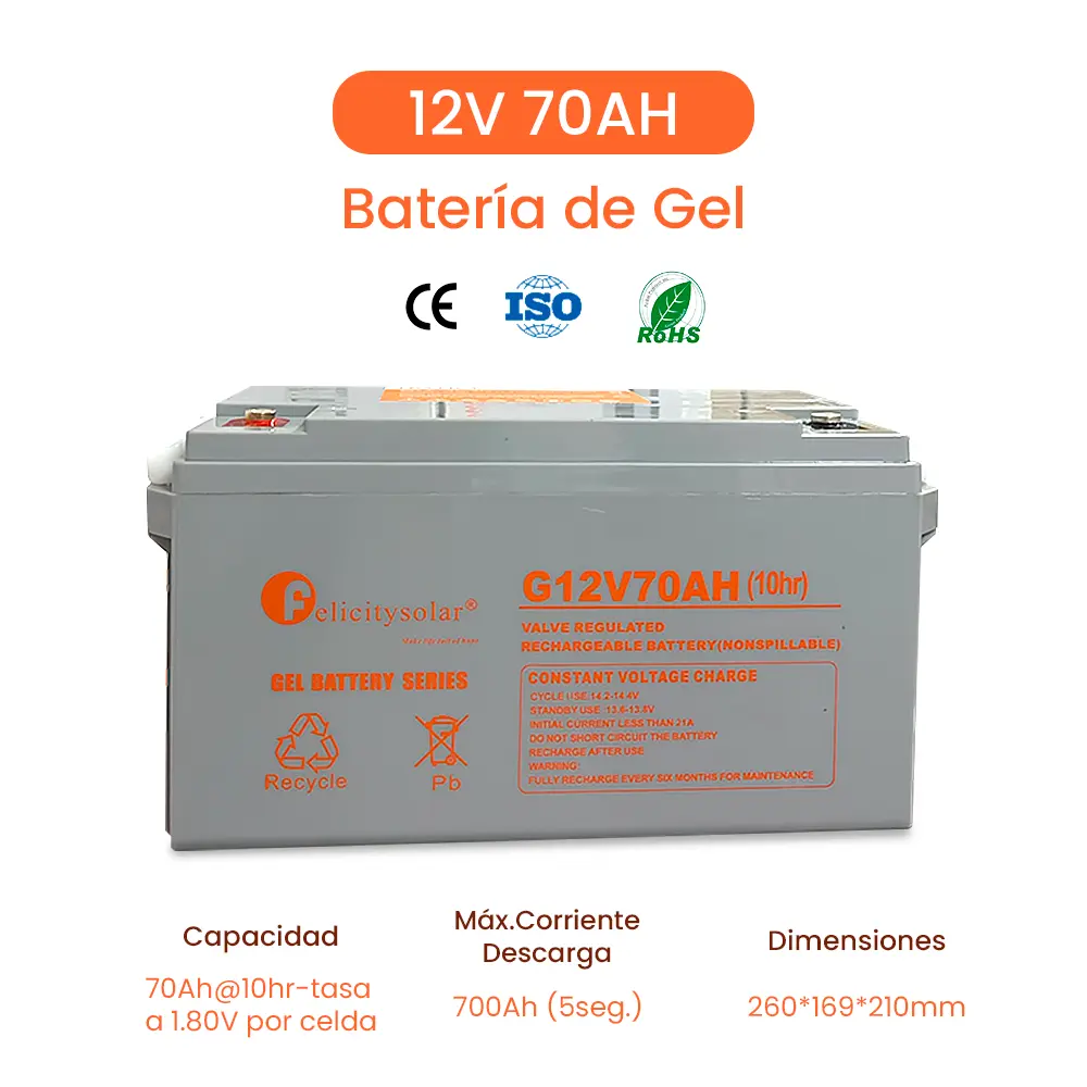 Batería Solar (Solar battery) 70Ah 12V solar GEL battery,10hr-rate to 1.8v per cell 260*169*210mm Marca Felicity Solar