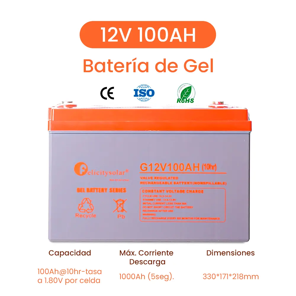 Solar battery (batería solar)100Ah 12V solar GEL battery, 10hr-rate to 1.8v per cell 330*171*218mm Marca Felicity Solar