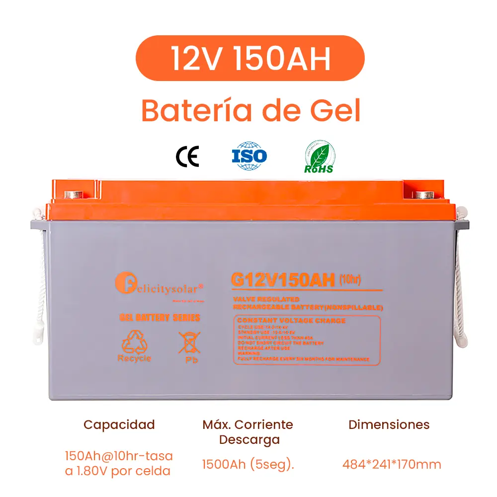 Batería De Gel Solar 150Ah 12V Solar GEL Battery, 10hr-rate to 1.8v per cell 484*241*170mm Marca Felicity Solar