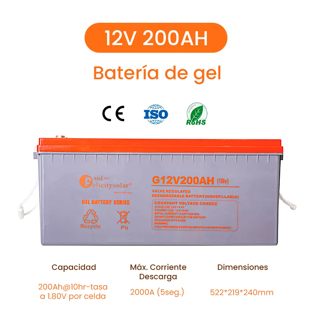 Batería De Gel Solar  200Ah 12V solar GEL battery, 10hr-rate to 1.8v per cell 522*219*240mm Marca Felicity Solar 