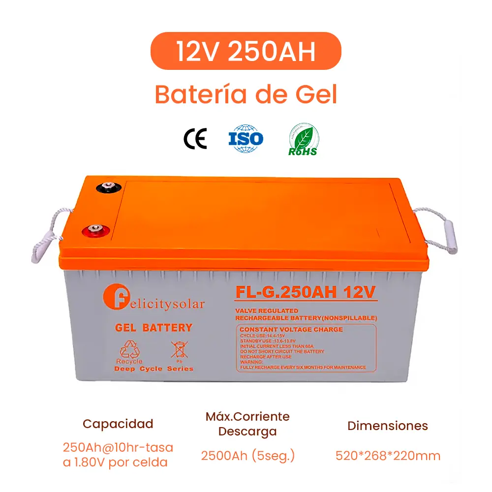 Batería De Gel Solar 250Ah 12V solar GEL battery,10hr-rate to 1.8v per cell 520*268*220mm Marca Felicity Solar