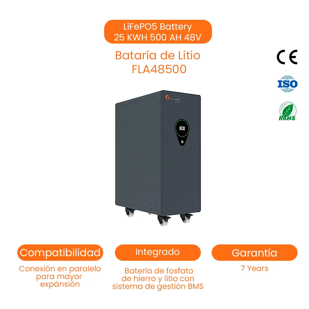 Batería De Litio Solar LiFePO5 25kWh, 500 AH, 48 V (51.2 V) Lithium Power Battery With BMS 6000 deep cycle at  82% de DOD. Battery Cells From BYD.