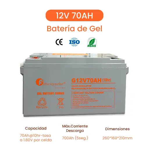 [FL-G-70AH12V] Batería Solar (Solar battery) 70Ah 12V solar GEL battery,10hr-rate to 1.8v per cell 260*169*210mm Marca Felicity Solar