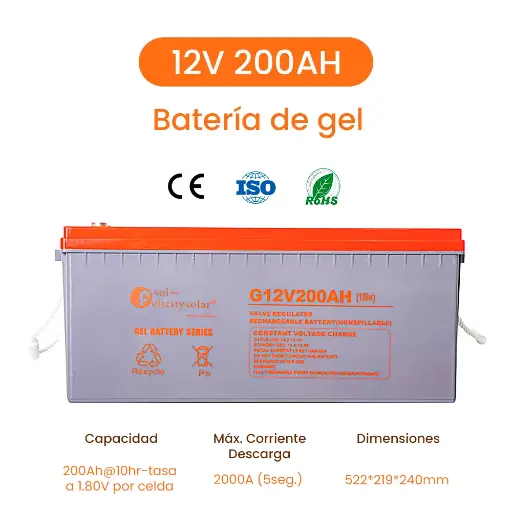 [FL-G-200AH12V] Batería De Gel Solar  200Ah 12V solar GEL battery, 10hr-rate to 1.8v per cell 522*219*240mm Marca Felicity Solar 