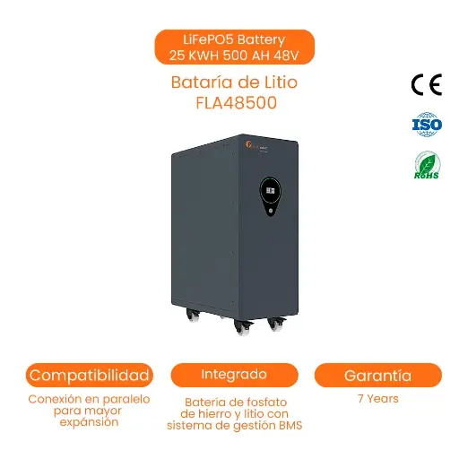 [FLA48500] Batería De Litio Solar LiFePO4 25kWh, 500 AH, 48 V (51.2 V) Lithium Power Battery With BMS 6000 deep cycle at  82% de DOD. Battery Cells From BYD.